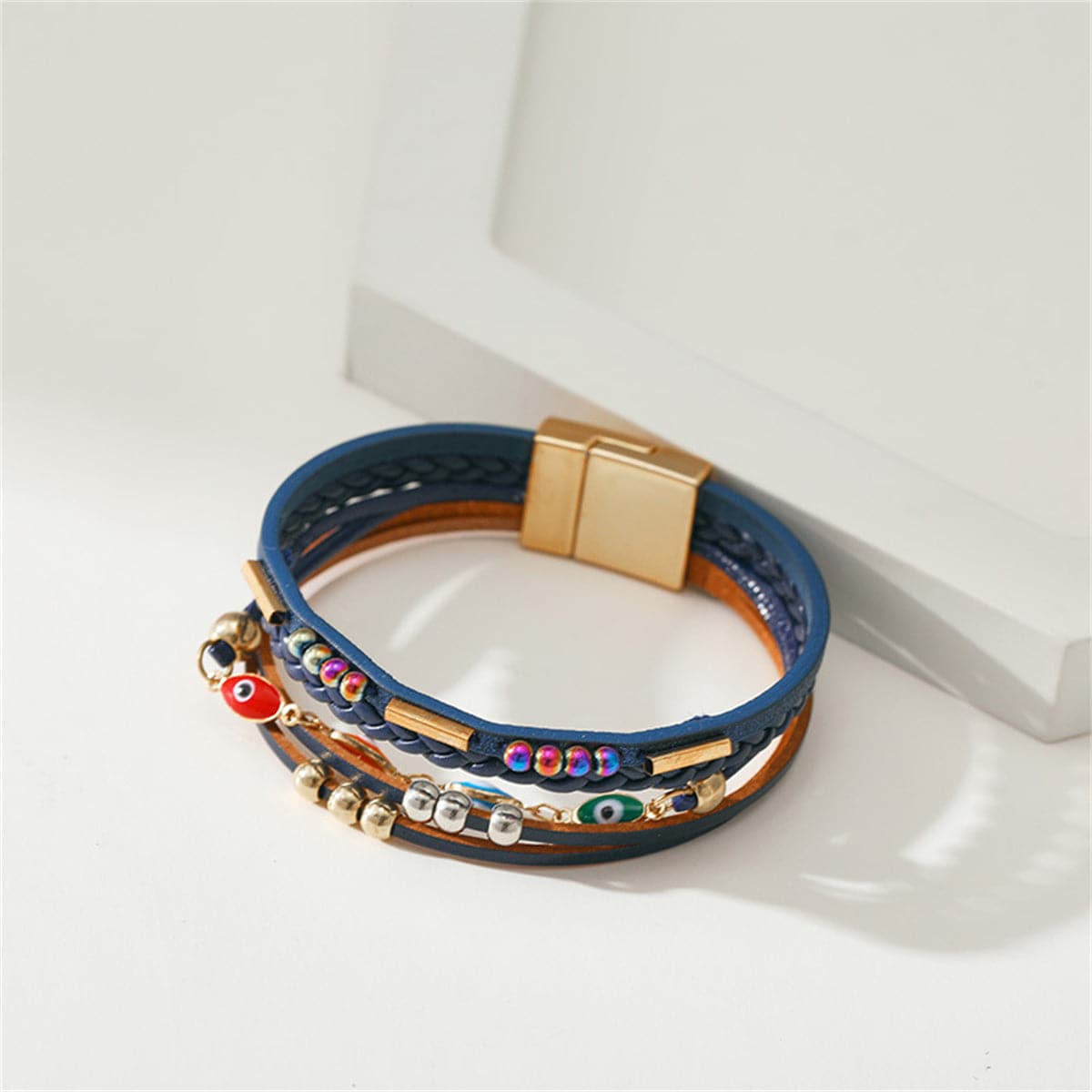 Navy Polystyrene & Multicolor Enamel 18K Gold-Plated Eye Stacked Bracelet