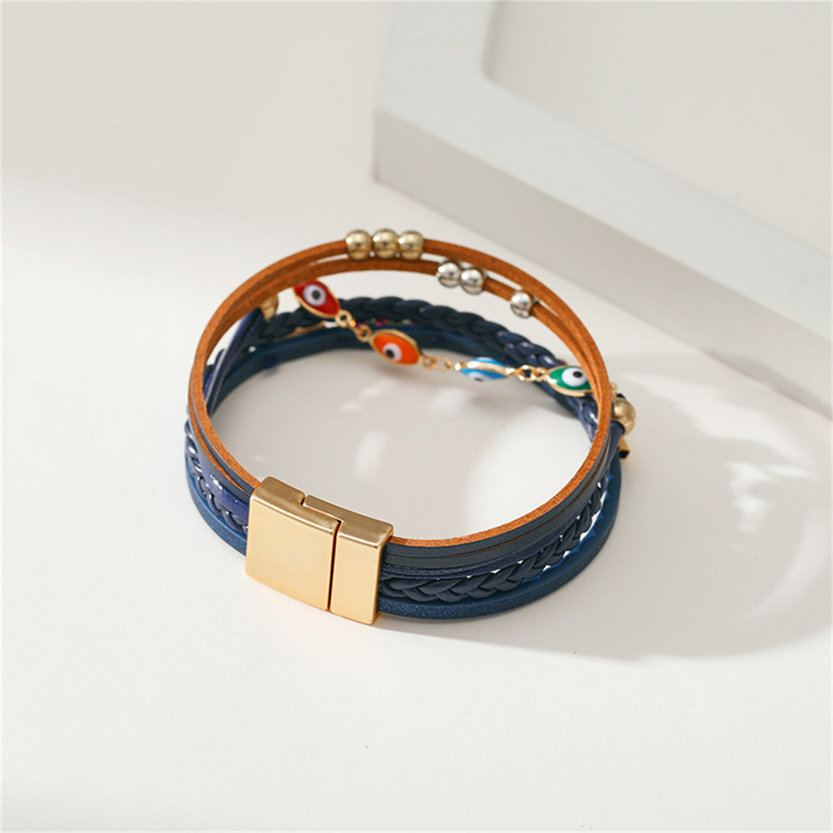 Navy Polystyrene & Multicolor Enamel 18K Gold-Plated Eye Stacked Bracelet