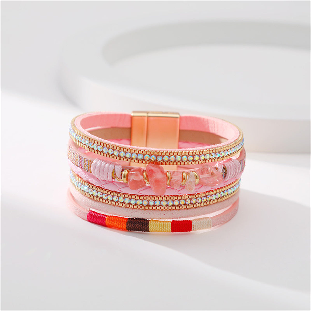 Pink Resin & Cubic Zirconia 18K Gold-Plated Beaded Multi-Strand Bracelet