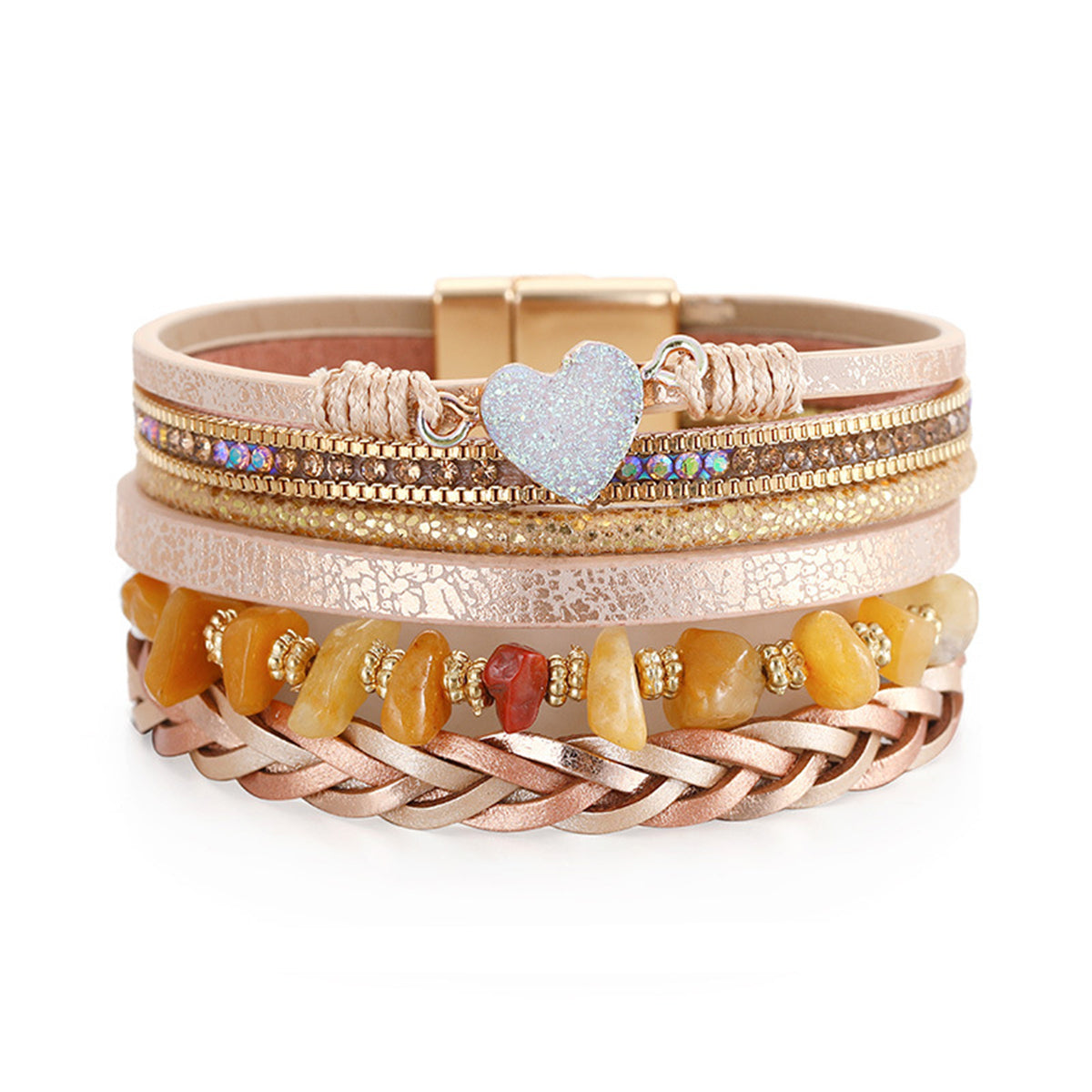 Golden Polystyrene & Cubic Zirconia Heart Layered Bracelet