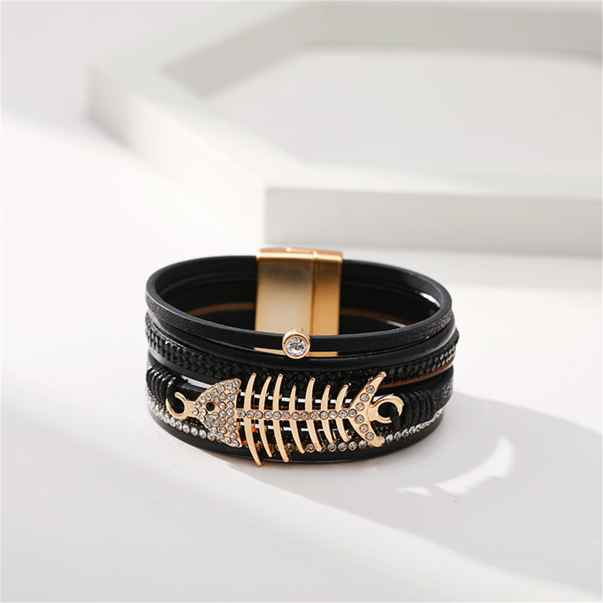 Black Polystyrene & Cubic Zirconia 18K Gold-Plated Fishbone Multi-Strand Bracelet