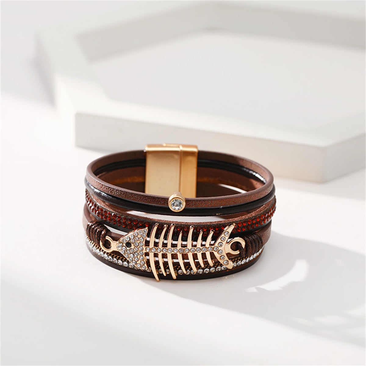 Brown Polystyrene & Cubic Zirconia Fishbone Layered Bracelet