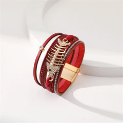 Red Polystyrene & Cubic Zirconia Fishbone Layered Bracelet