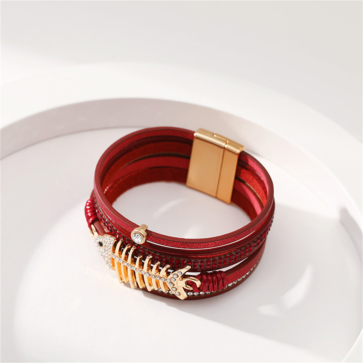 Red Polystyrene & Cubic Zirconia Fishbone Layered Bracelet