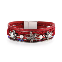 Red Polystyrene & Pearl Turtle Starfish Layered Bracelet