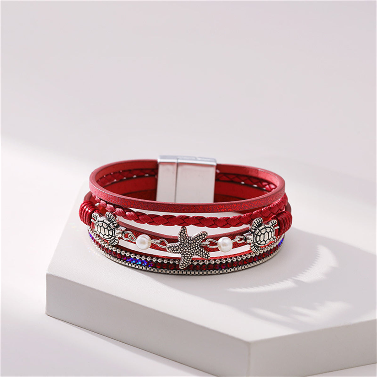 Red Polystyrene & Pearl Turtle Starfish Layered Bracelet