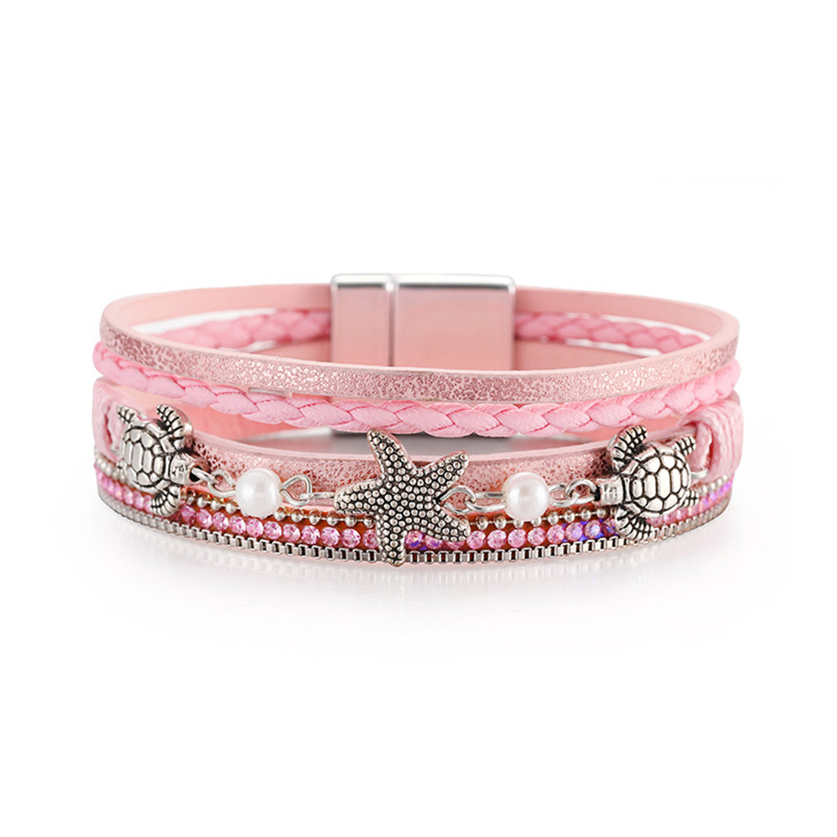 Pink Polystyrene & Pearl Turtle Starfish Layered Bracelet