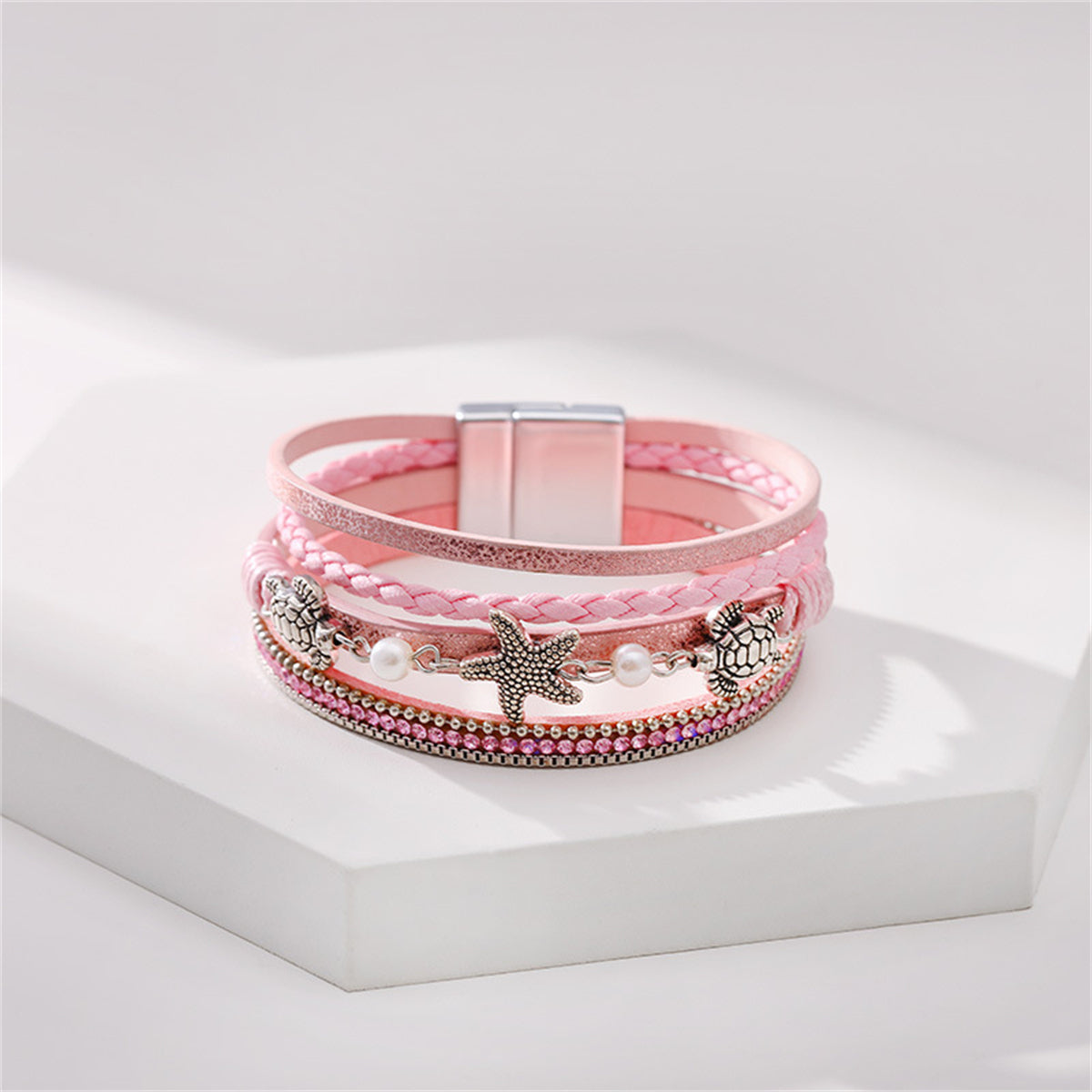 Pink Polystyrene & Pearl Turtle Starfish Layered Bracelet