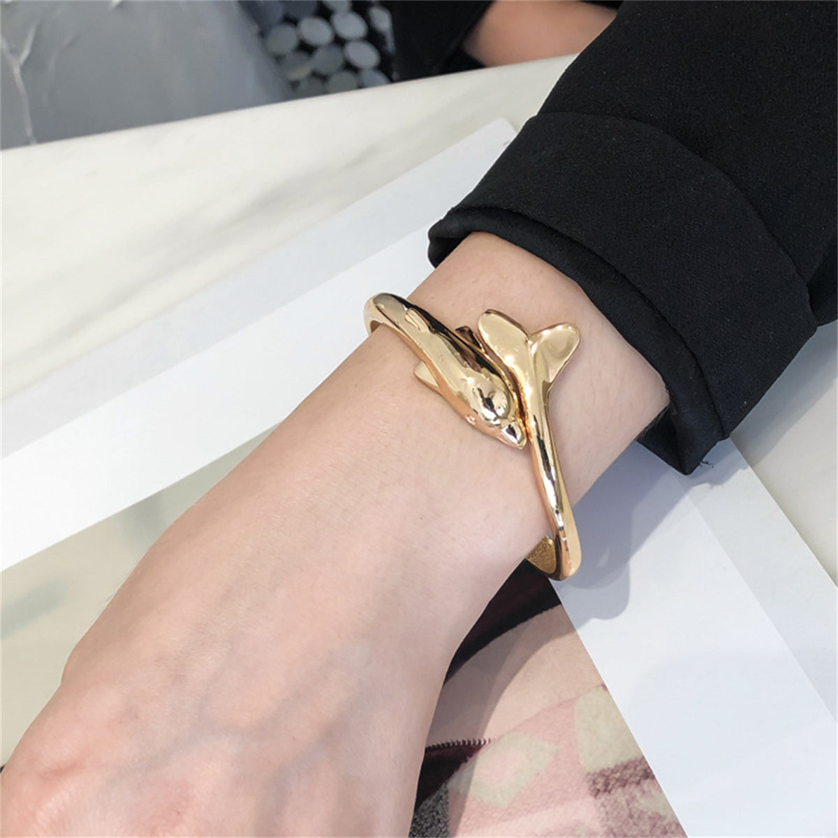 18K Gold-Plated Dolphin Hinged Bangle