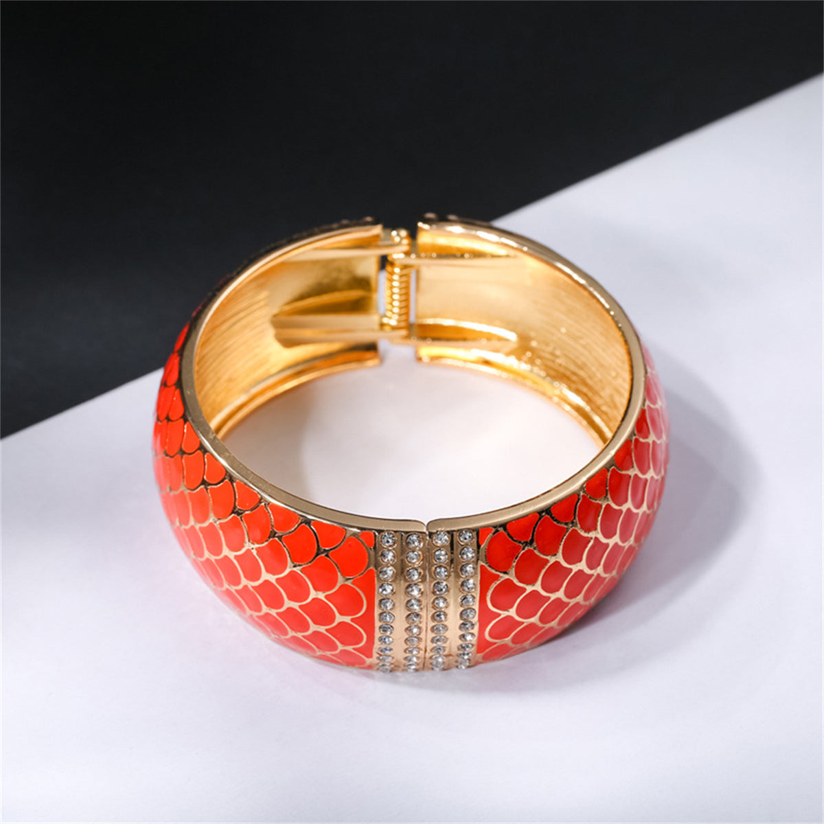 Orange Enamel & Cubic Zirconia 18K Gold-Plated Scale Bangle