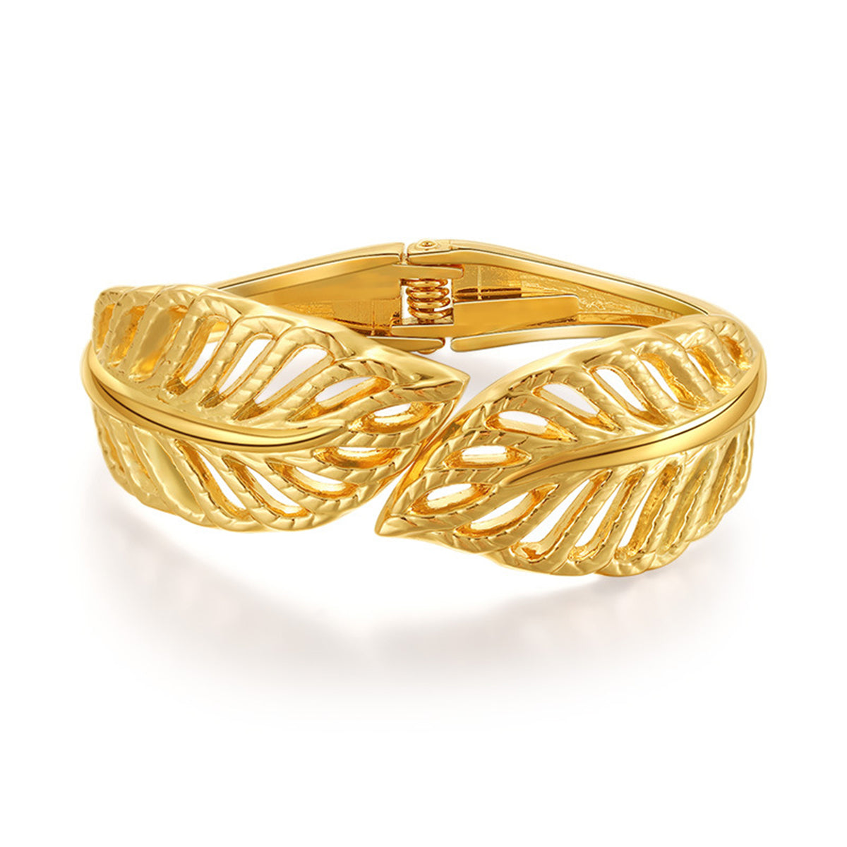 18K Gold-Plated Leaves Hinged Bypass Bangle