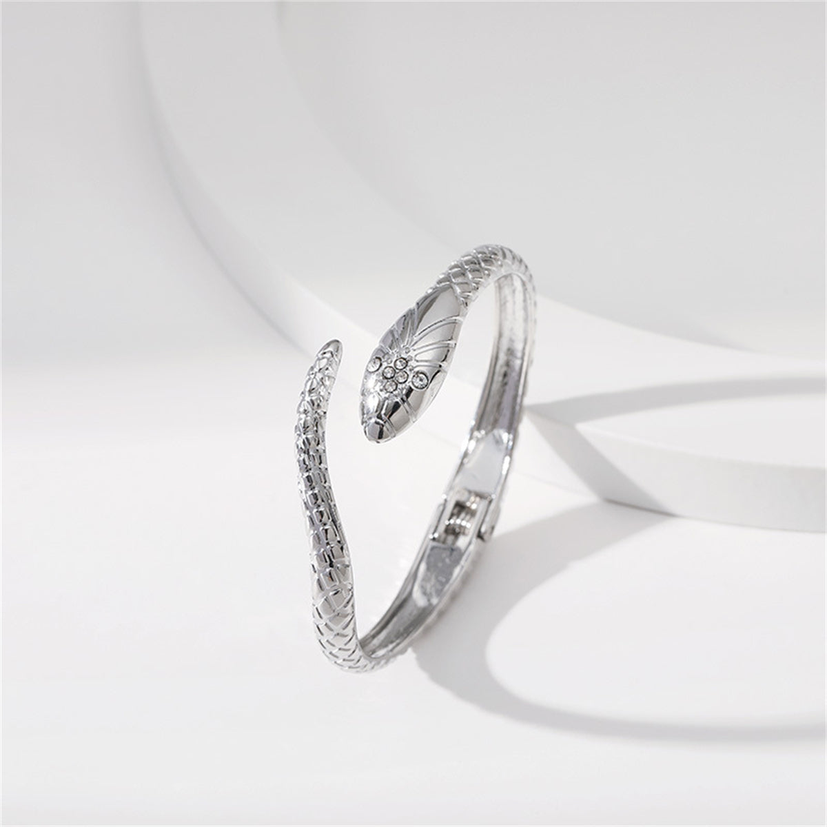 Cubic Zirconia & Silver-Plated Textured Snake Bypass Bangle