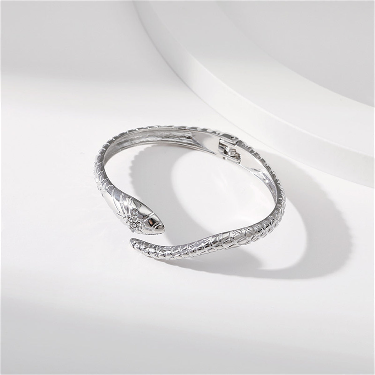 Cubic Zirconia & Silver-Plated Textured Snake Bypass Bangle