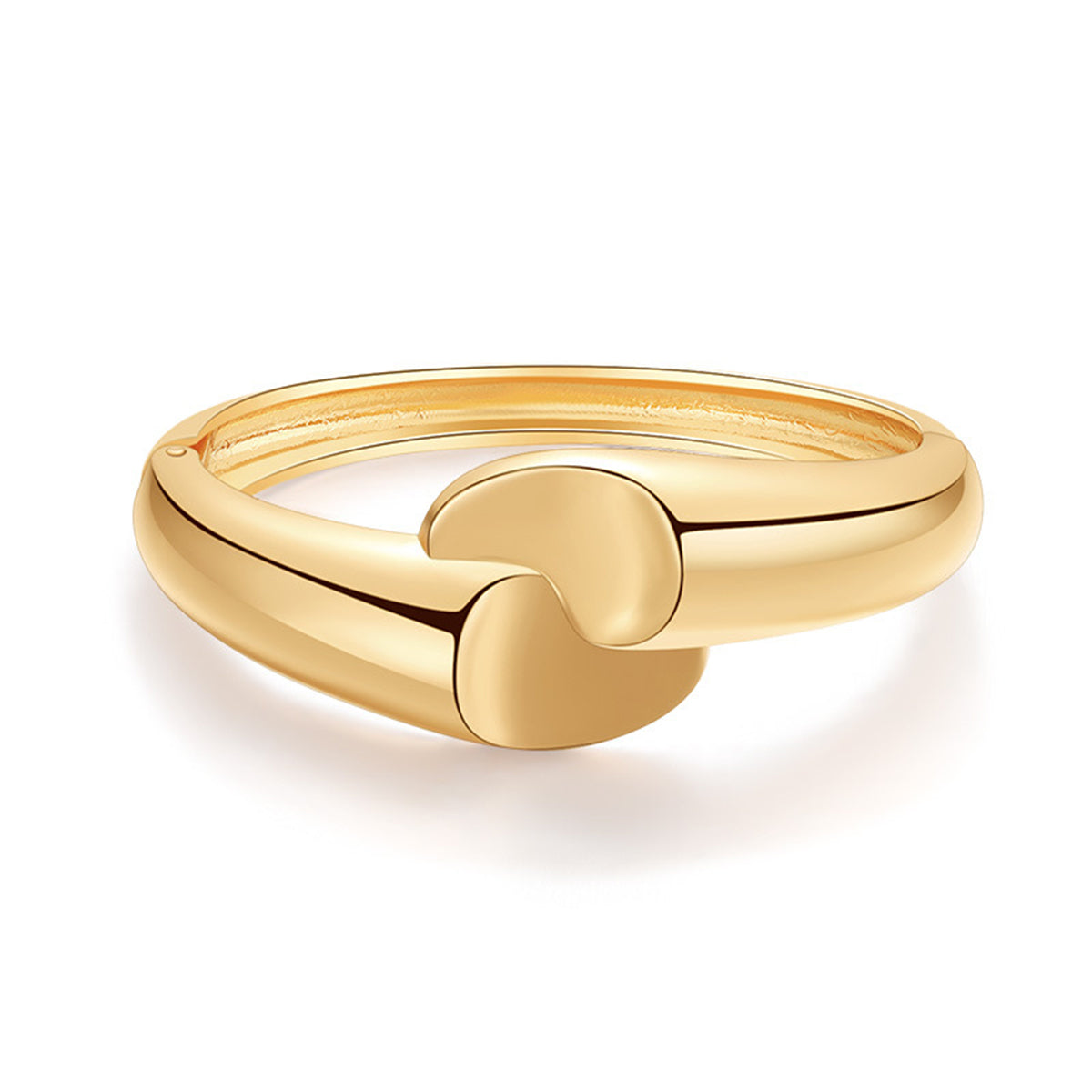 Elegant 18K gold-plated bangle featuring a unique comma hinge design and two intertwined hearts for a romantic touch.