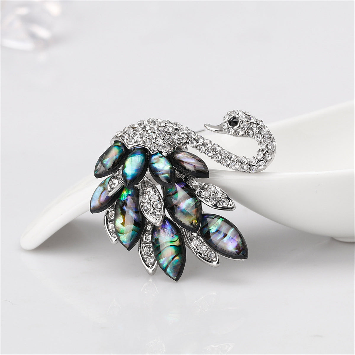 Abalone Shell & Cubic Zirconia Silver-Plated Swan Brooch