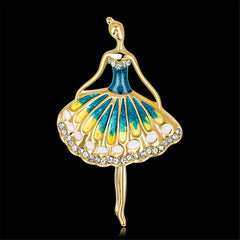Blue Enamel & Cubic Zironia 18K Gold-Plated Dancing Girl Brooch