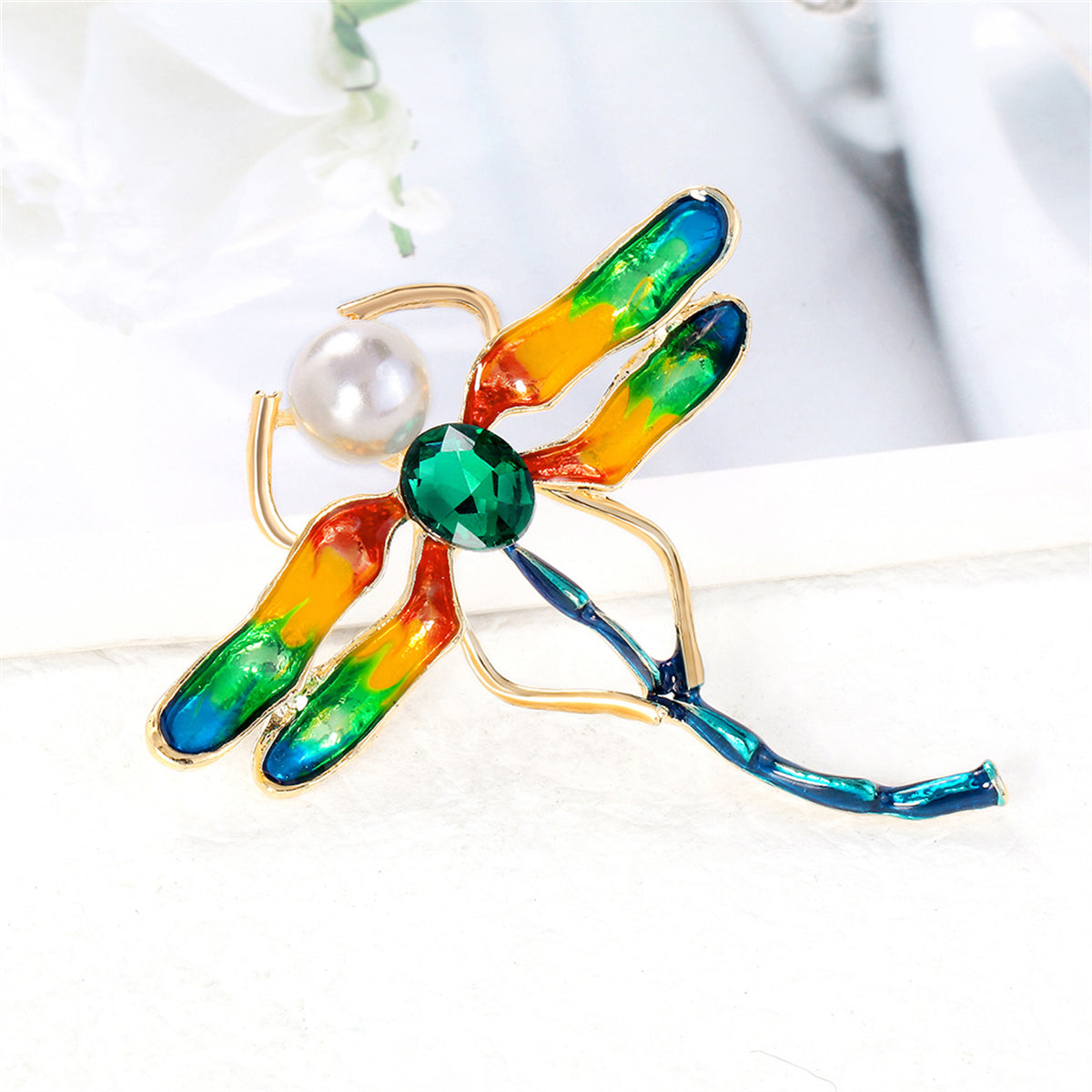 Crystal & Pearl Enamel 18K Gold-Plated Dragonfly Brooch