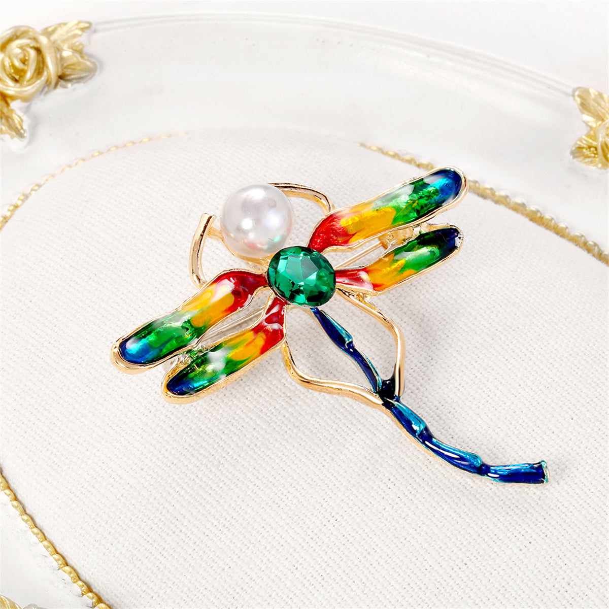 Crystal & Pearl Enamel 18K Gold-Plated Dragonfly Brooch