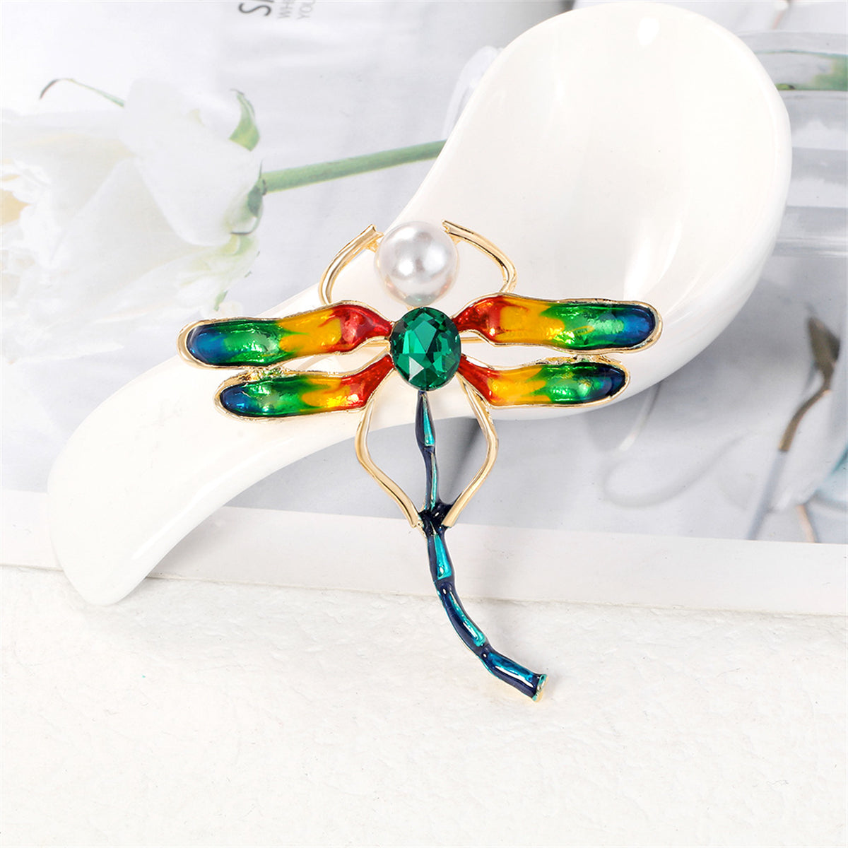 Crystal & Pearl Enamel 18K Gold-Plated Dragonfly Brooch