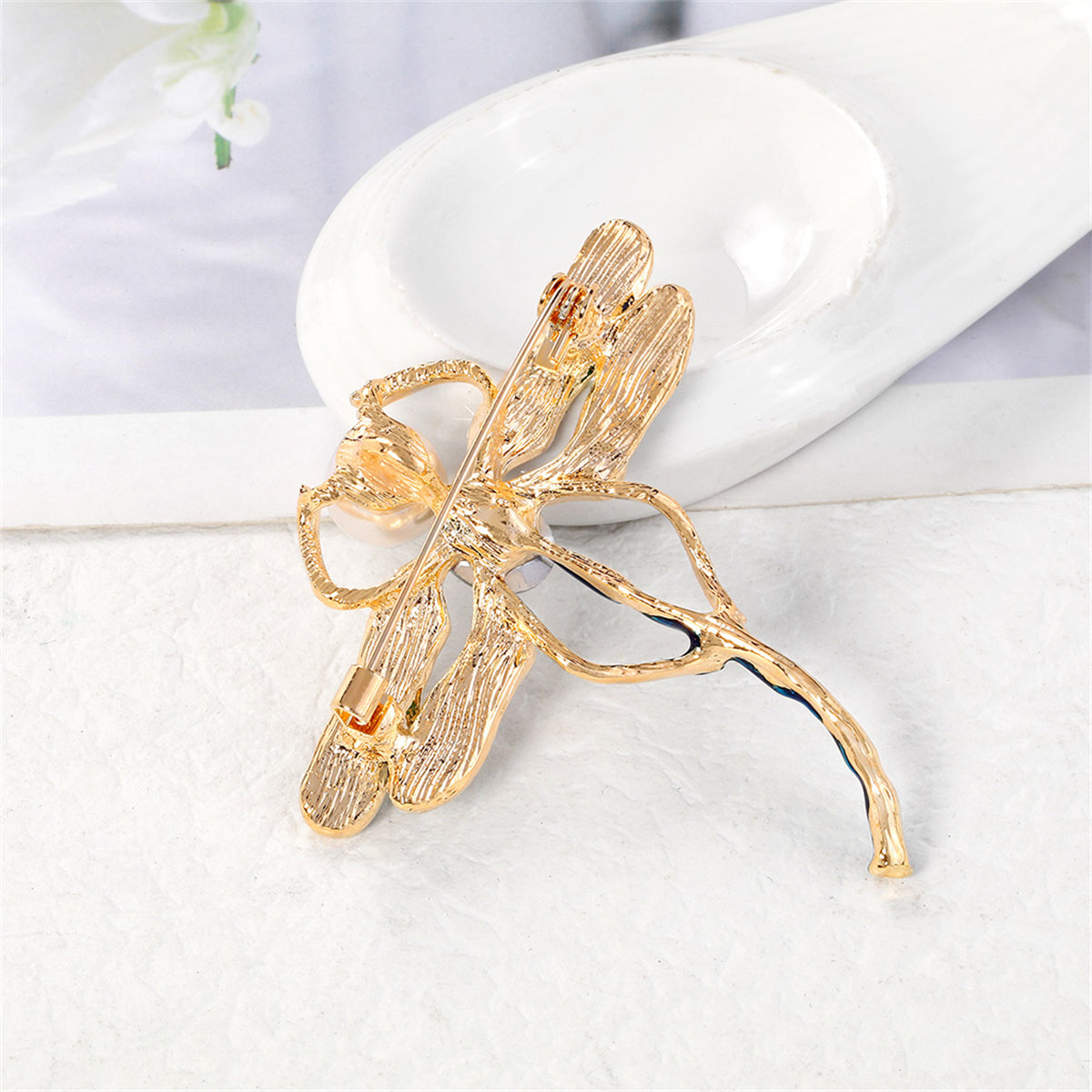 Crystal & Pearl Enamel 18K Gold-Plated Dragonfly Brooch