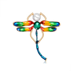 Crystal & Pearl Enamel 18K Gold-Plated Dragonfly Brooch