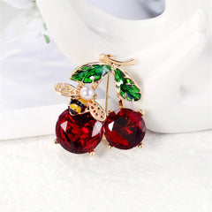 Red Crystal & Pearl 18K Gold-Plated Bee Cherry Brooch