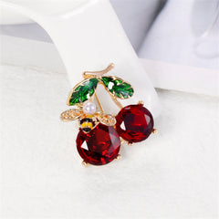 Red Crystal & Pearl 18K Gold-Plated Bee Cherry Brooch