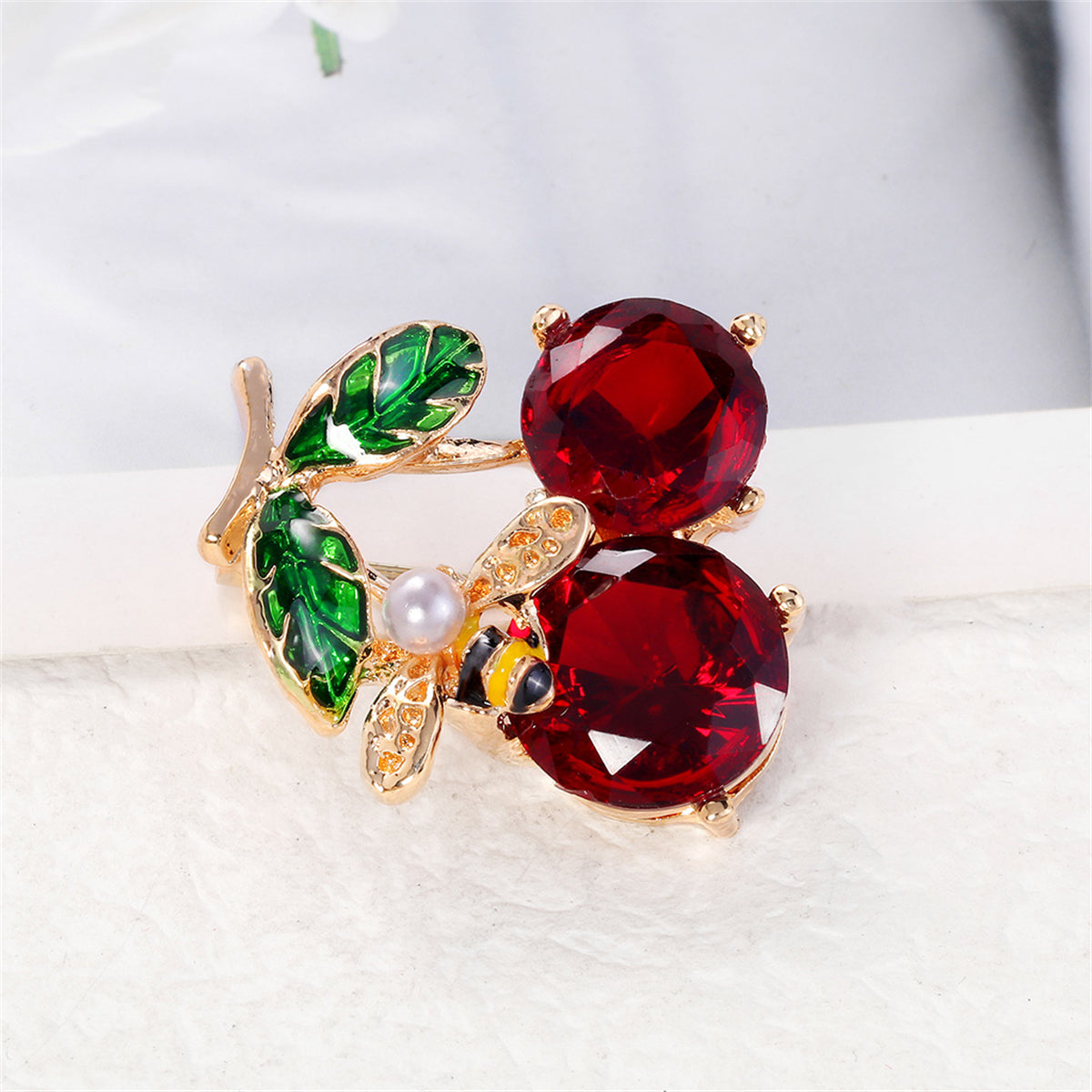 Red Crystal & Pearl 18K Gold-Plated Bee Cherry Brooch