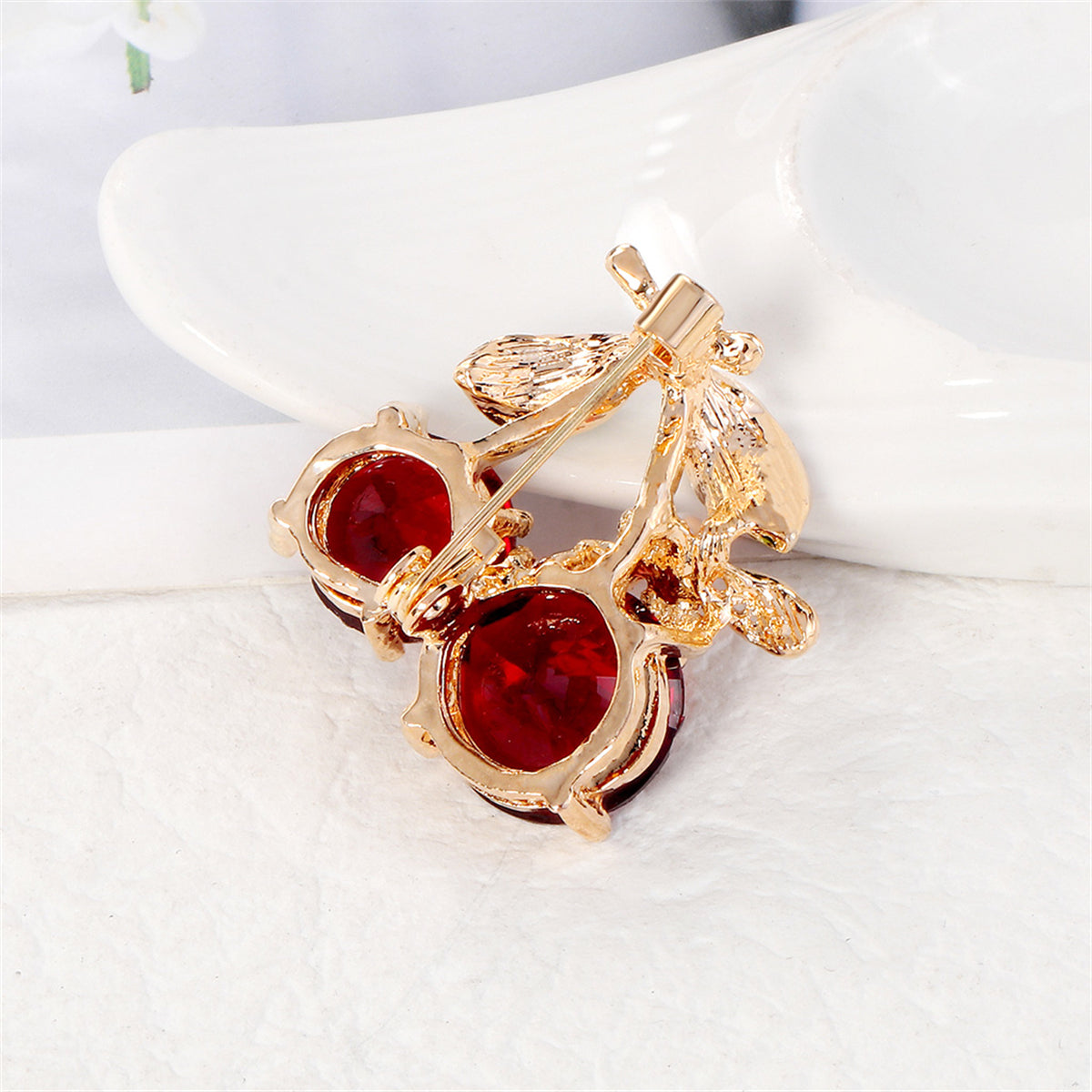 Red Crystal & Pearl 18K Gold-Plated Bee Cherry Brooch