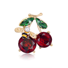 Red Crystal & Pearl 18K Gold-Plated Bee Cherry Brooch