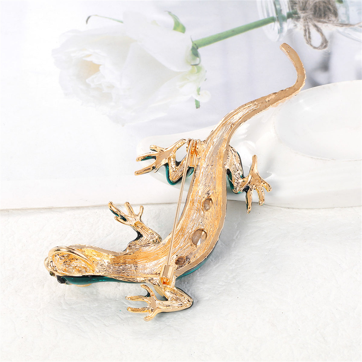 Green Crystal & Enamel 18K Gold-Plated Lizard Brooch