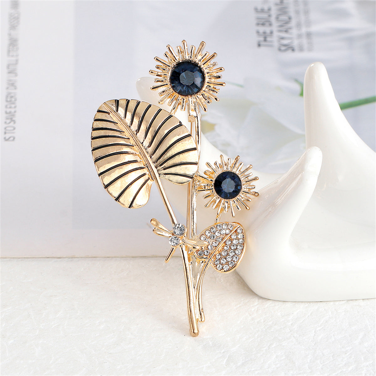 Black Crystal & Cubic Zirconia 18K Gold-Plated Dragonfly Sunflower Brooch