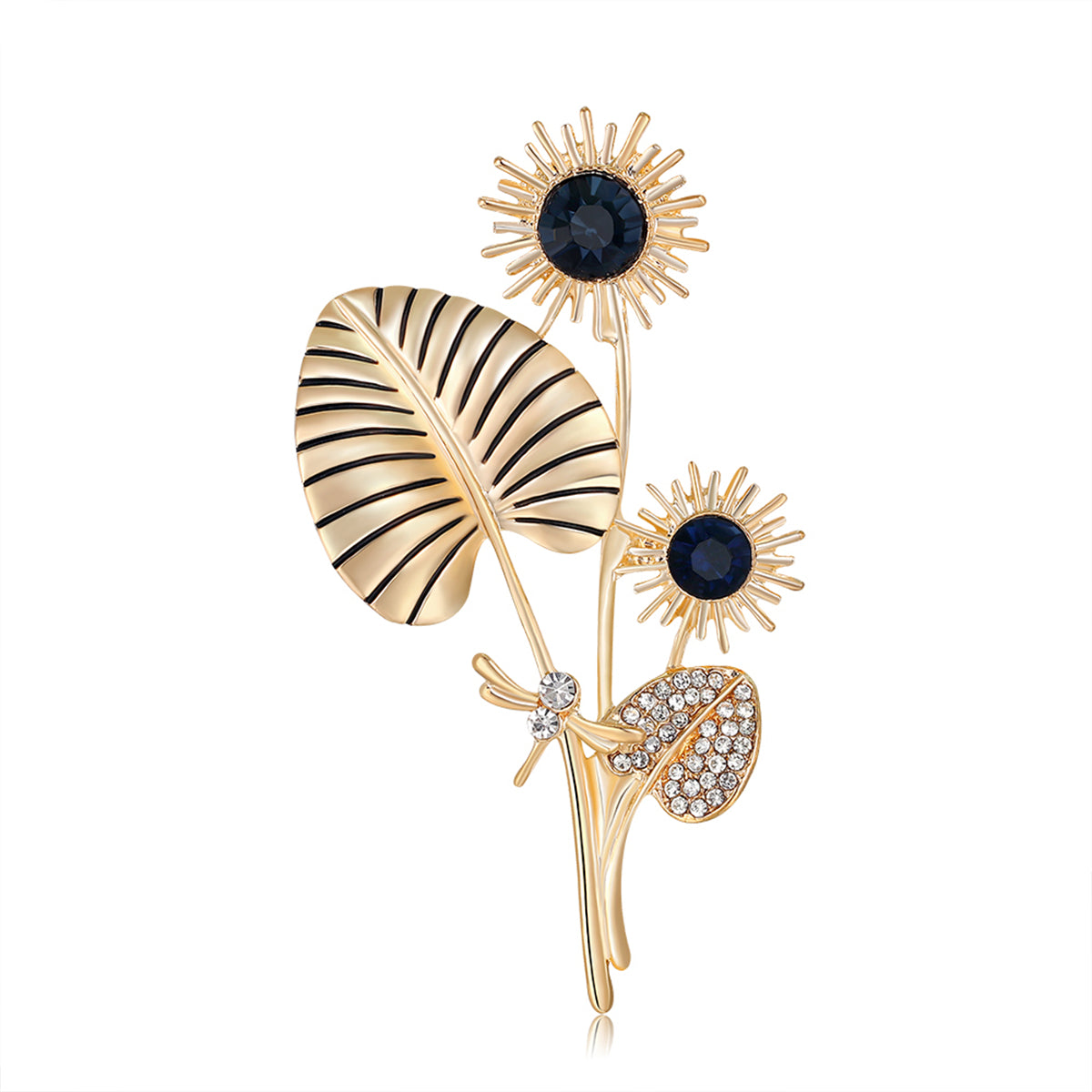 Black Crystal & Cubic Zirconia 18K Gold-Plated Dragonfly Sunflower Brooch