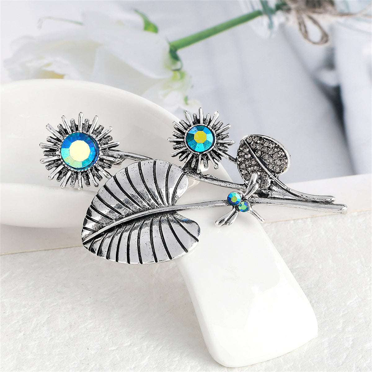 Blue Crystal & Silver-Plated Dragonfly Sunflower Brooch