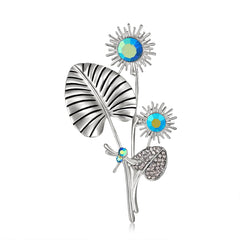 Blue Crystal & Silver-Plated Dragonfly Sunflower Brooch