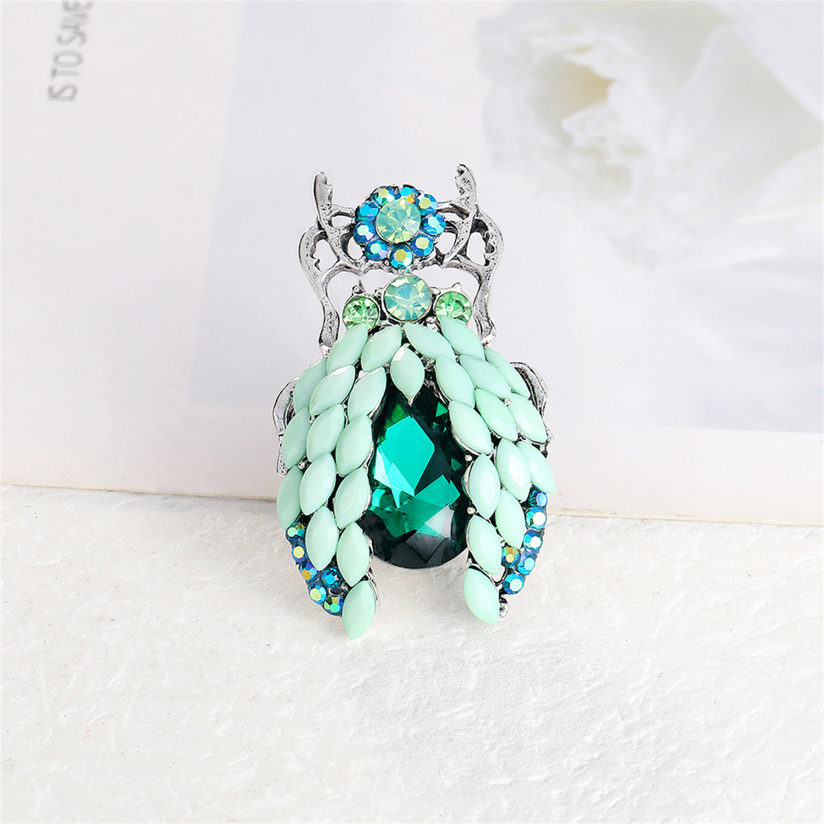 Blue Crystal & Cubic Zirconia Silver-Plated Beetle Brooch