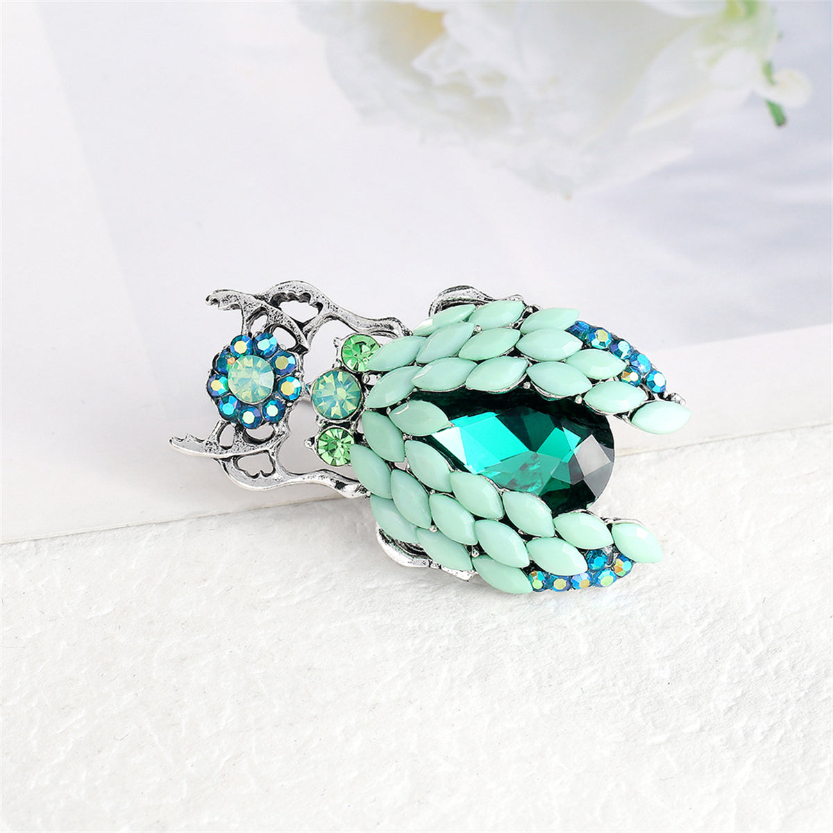 Blue Crystal & Cubic Zirconia Silver-Plated Beetle Brooch