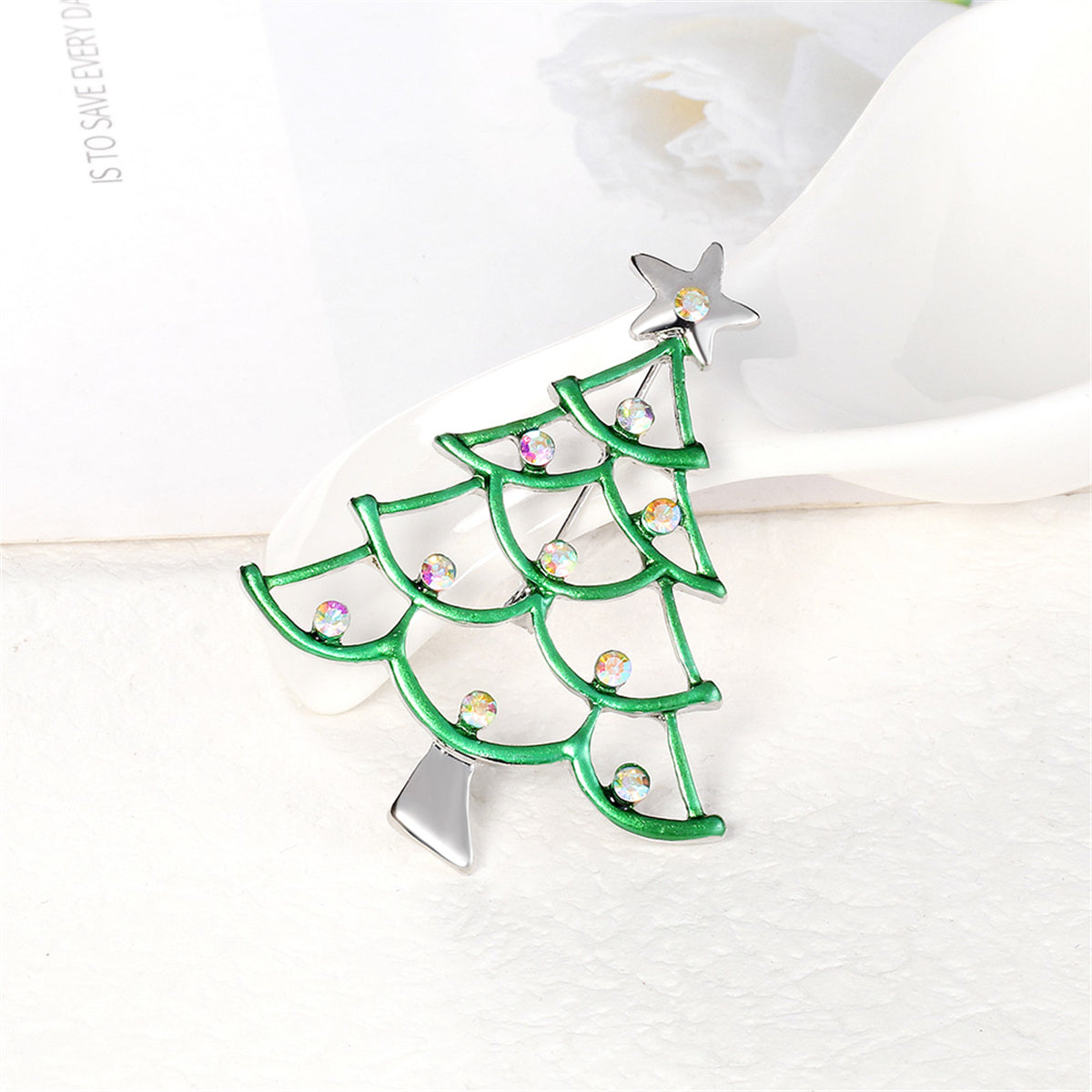 Clear Iridescent Cubic Zirconia & Green Enamel Star Christmas Tree Brooch