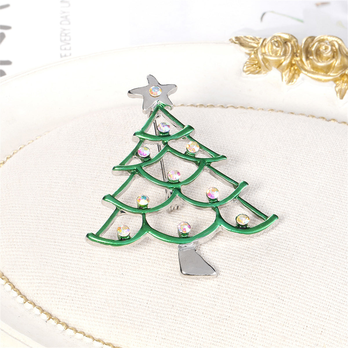 Clear Iridescent Cubic Zirconia & Green Enamel Star Christmas Tree Brooch