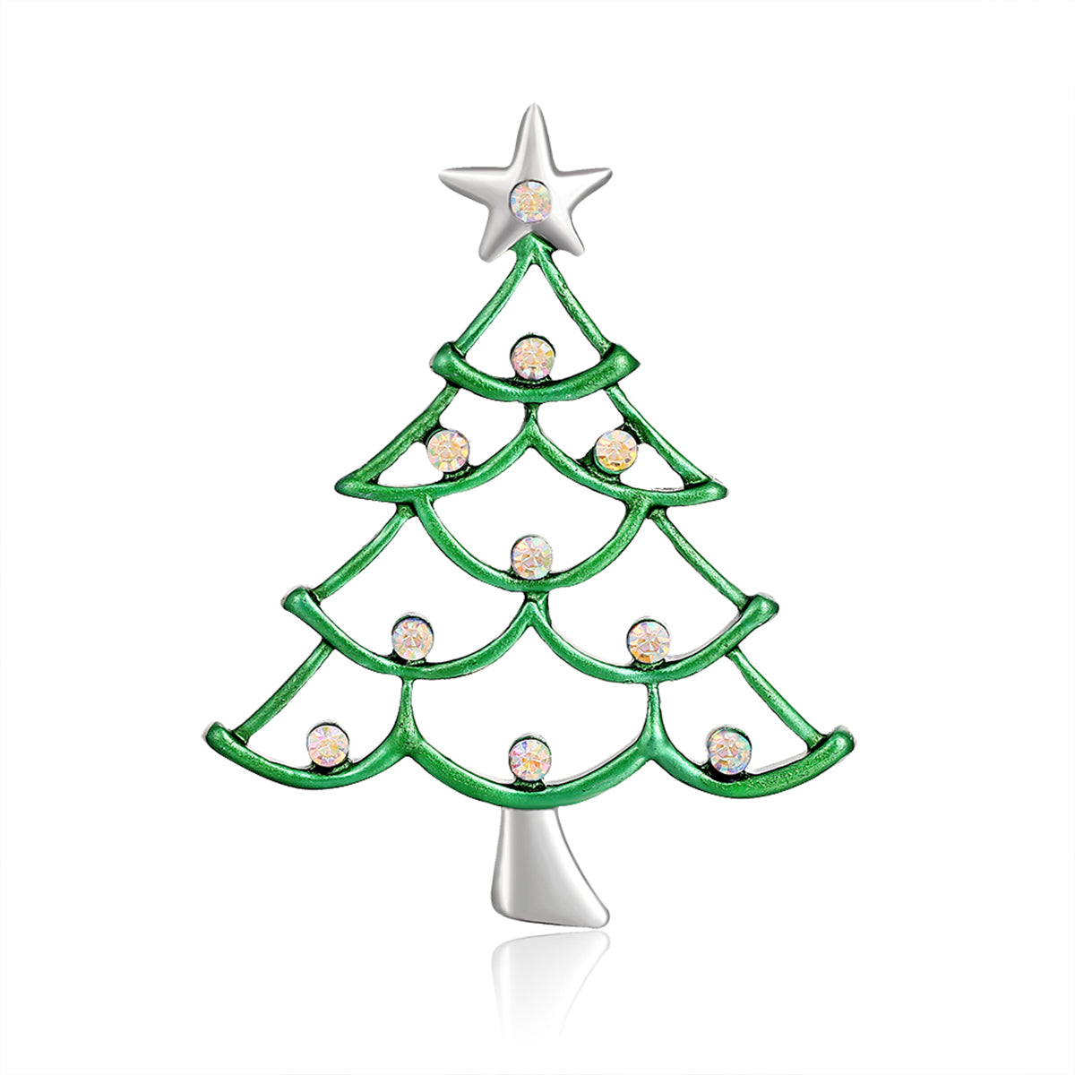 Clear Iridescent Cubic Zirconia & Green Enamel Star Christmas Tree Brooch