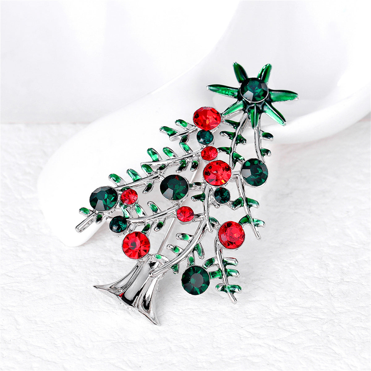 Red & Green Crystal Christmas Tree Brooch