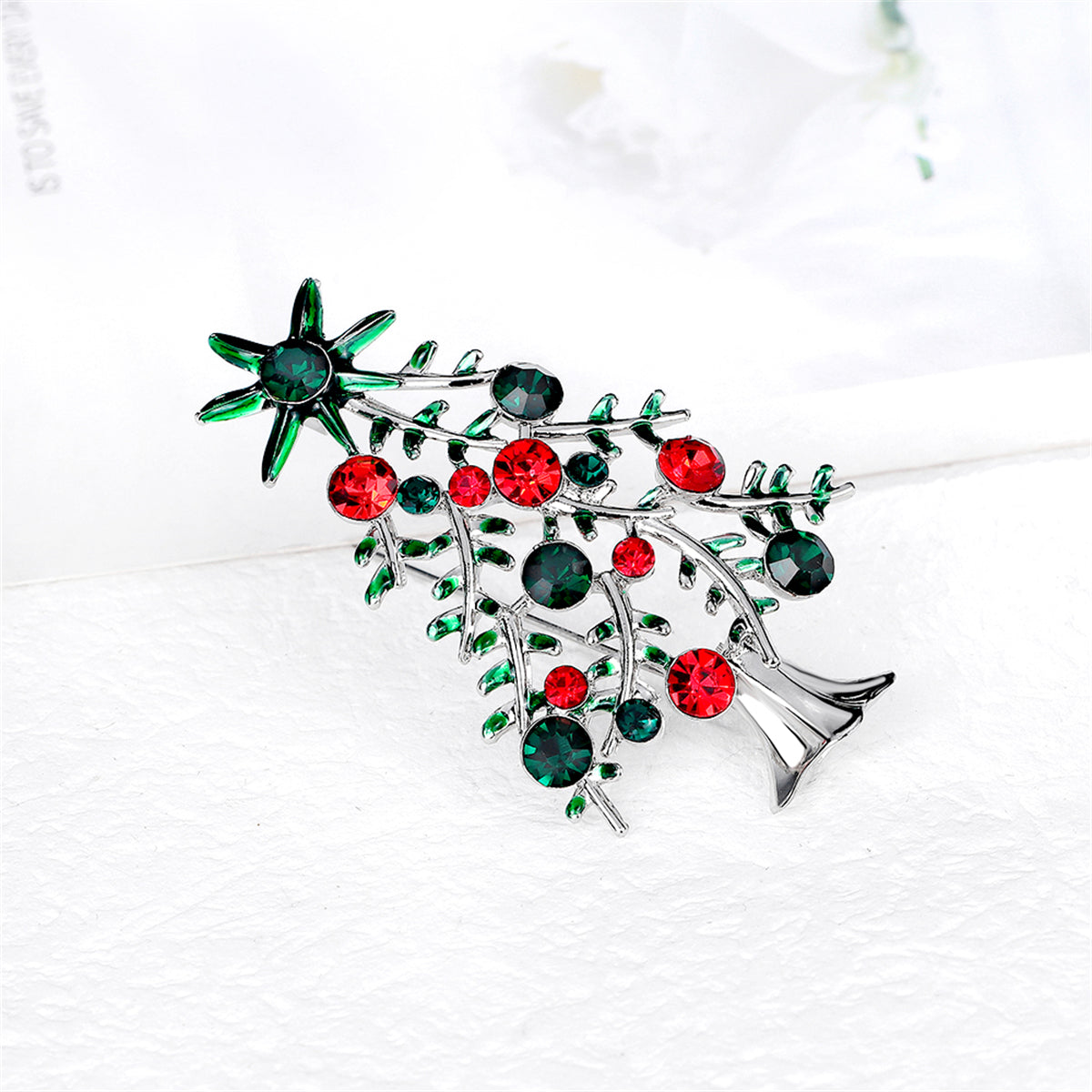 Red & Green Crystal Christmas Tree Brooch