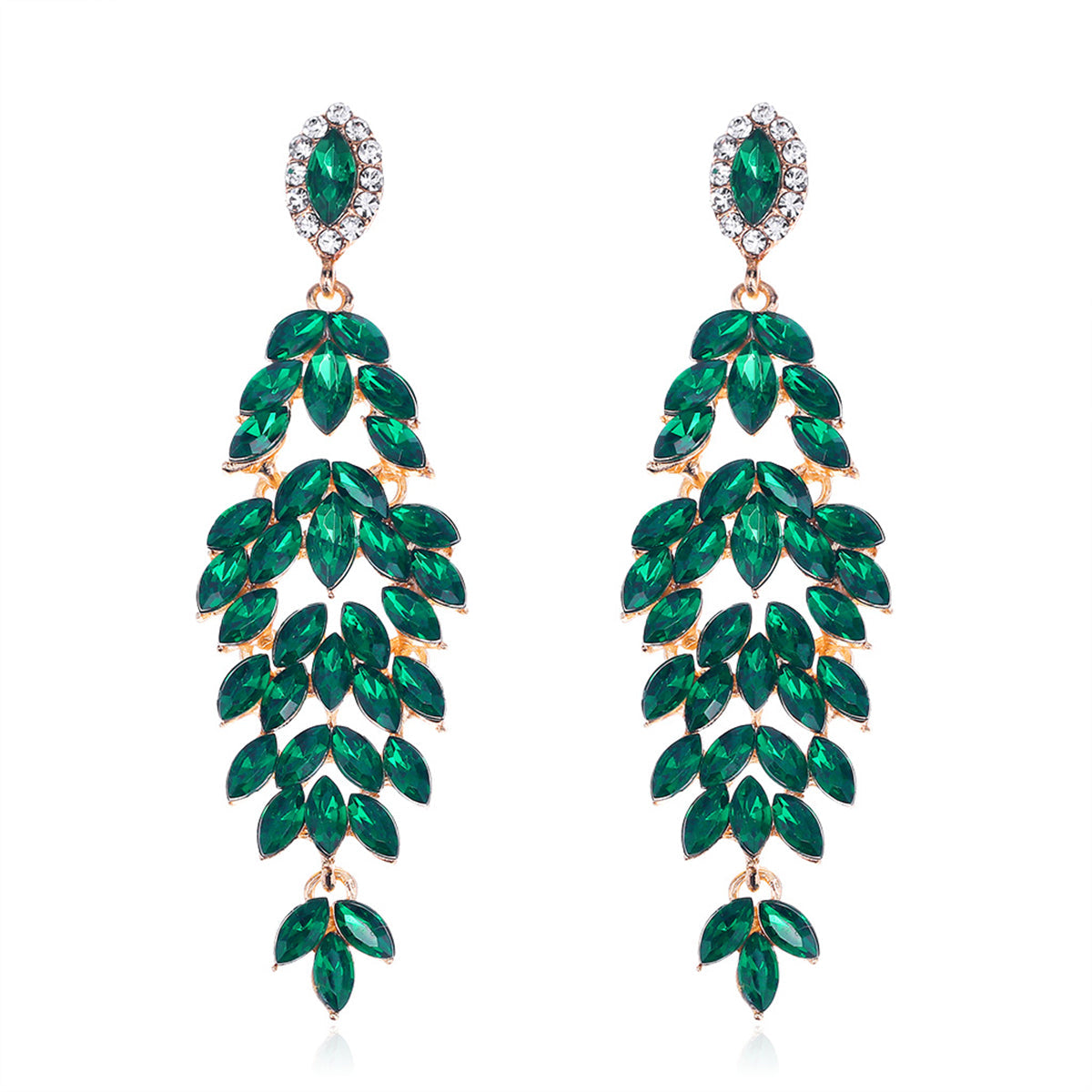 Green Crystal & Clear Cubic Zirconia Marquise Botanical Drop Earrings