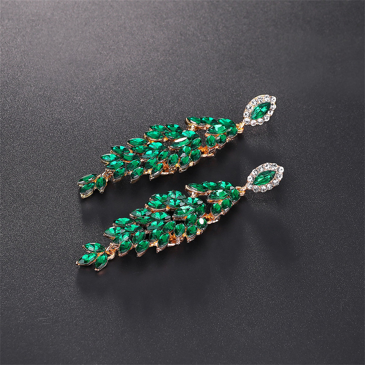 Green Crystal & Clear Cubic Zirconia Marquise Botanical Drop Earrings