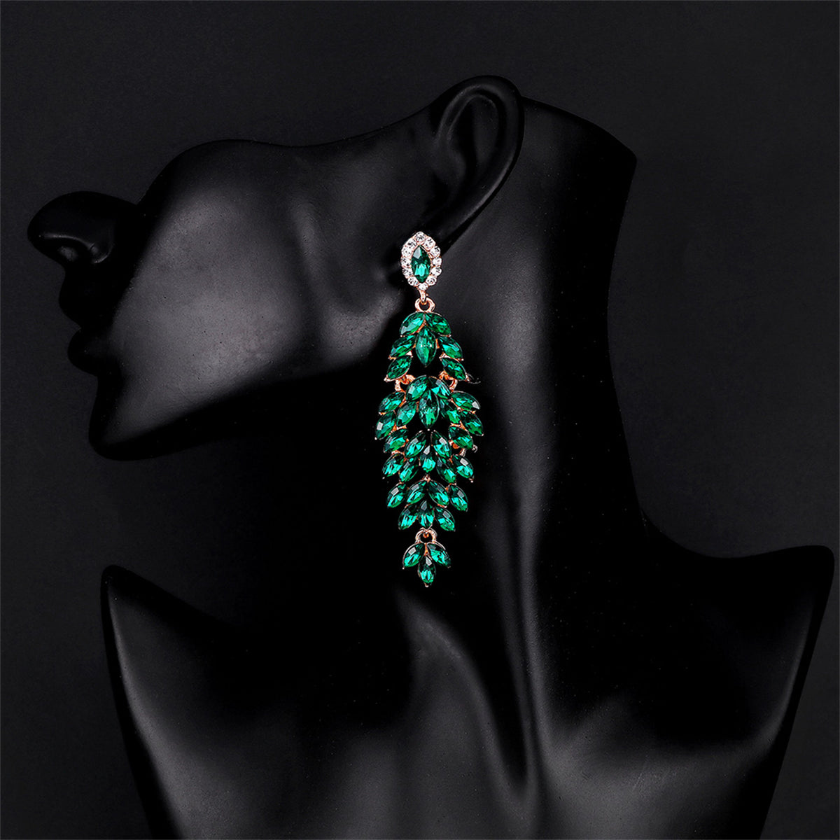 Green Crystal & Clear Cubic Zirconia Marquise Botanical Drop Earrings