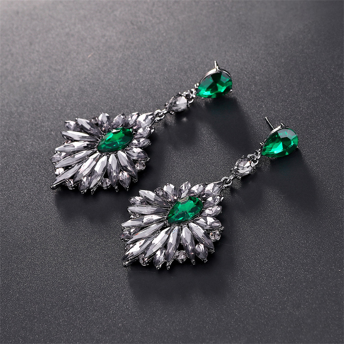 Green Crystal & Silver-Plated Cubic Zirconia-Accent Botanical Drop Earrings