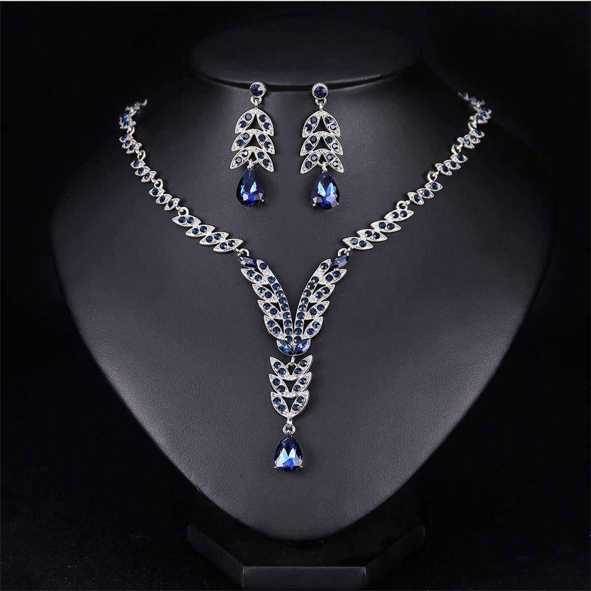 Blue Crystal & Cubic Zirconia Botanical Lariat Necklace & Drop Earrings