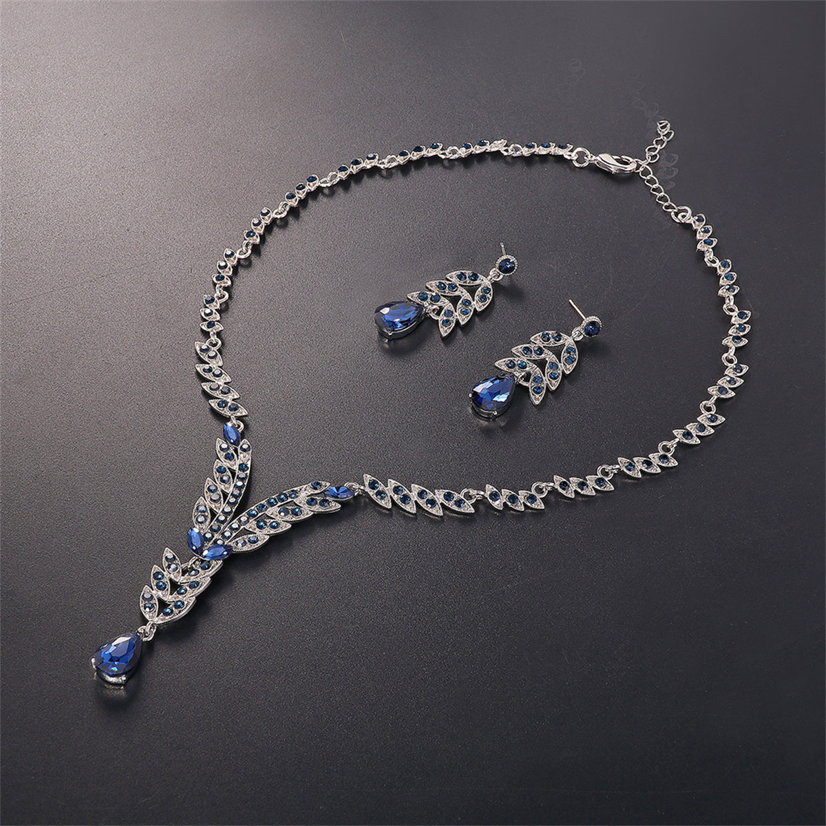 Blue Crystal & Cubic Zirconia Botanical Lariat Necklace & Drop Earrings