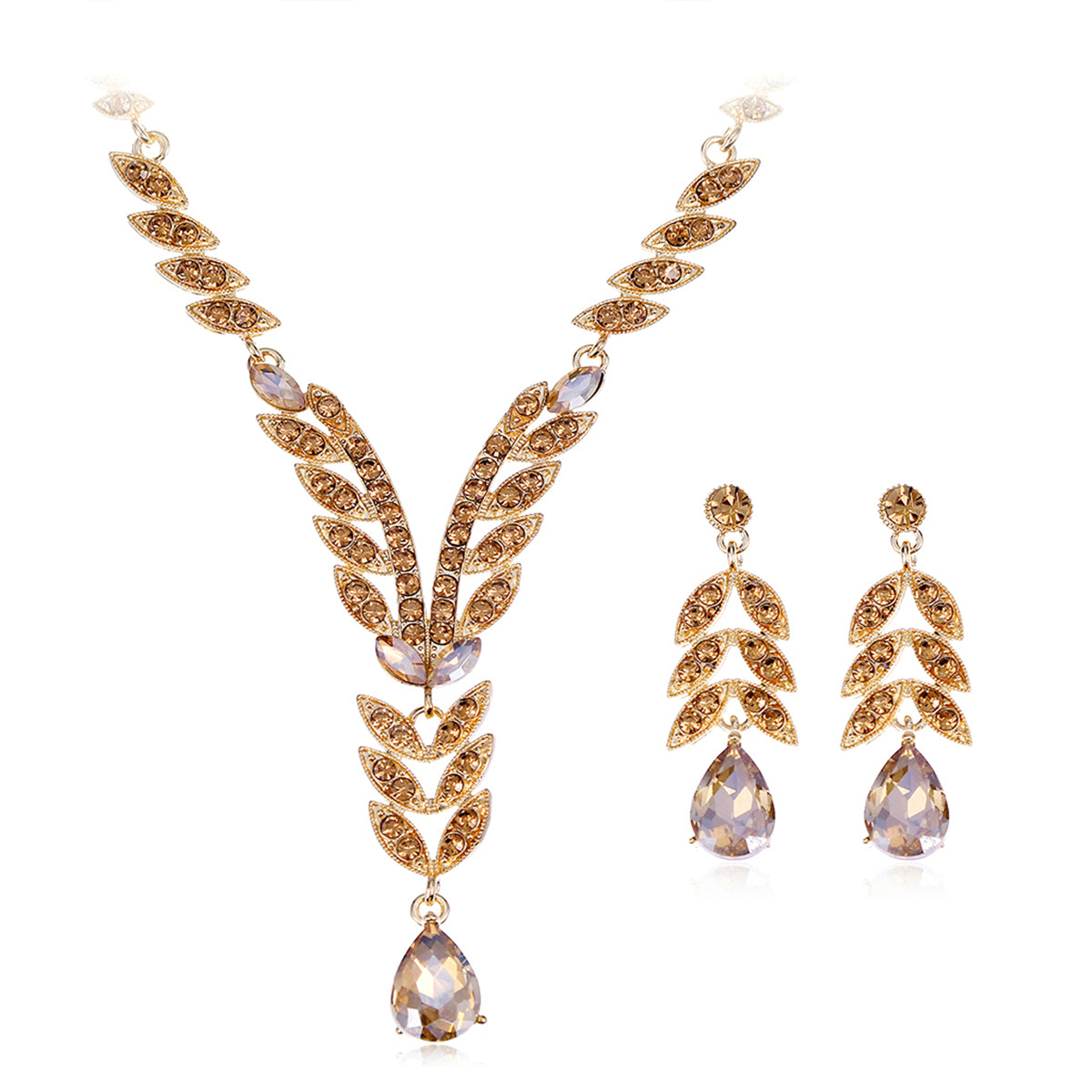 Champagne Crystal & Cubic Zirconia Botanical Necklace & Drop Earrings