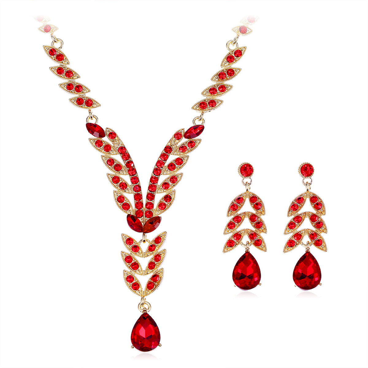 Red Crystal & Cubic Zirconia Botanical Lariat Necklace & Drop Earrings